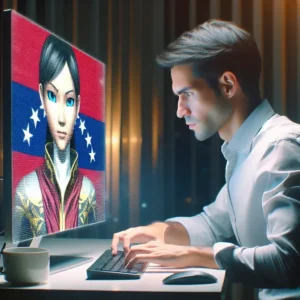 "Periodistas venezolanos usando avatares de inteligencia artificial en una reunión virtual, simbolizando la innovación en la protección de la libertad de expresión y la seguridad ante la persecución."